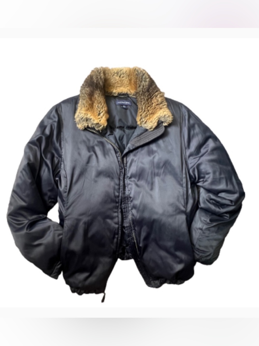 Lands’ End Y2K Vintage Blue Bomber Goose Down Jacket with Tan Faux Fur‎ Collar